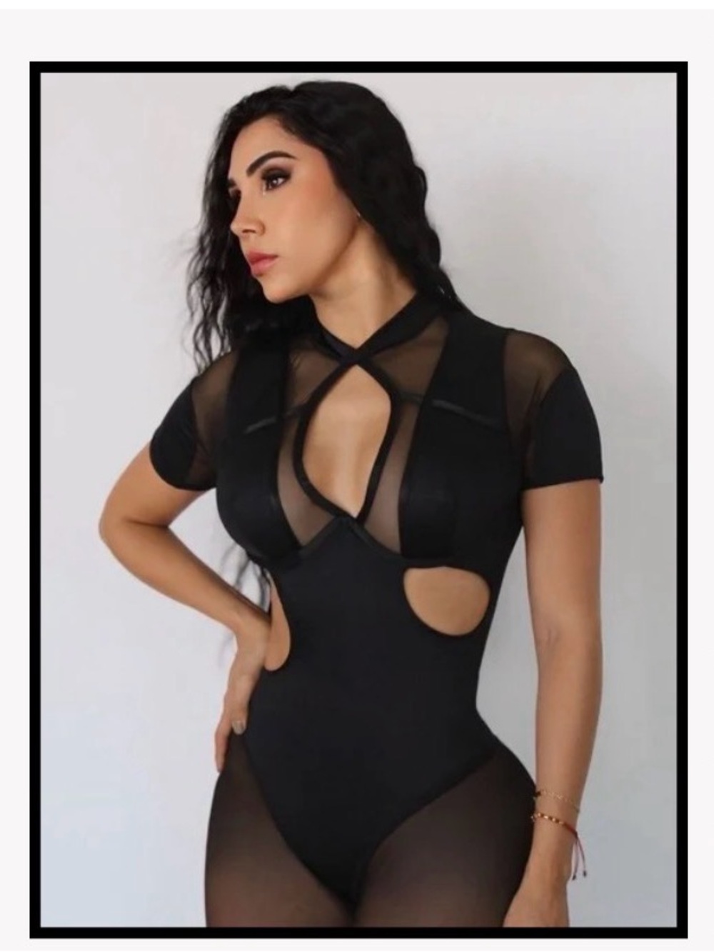Women’s Black Mesh Cutout Bodysuit - Modern Sexy Short Sleeve